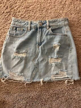 PacSun Light Blue Ripped Denim Mini Skirt- distressed